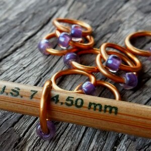 Dangle Free Knitting Stitch Markers Purple Rosaline Copper Wire Choose Ring Size and Quantity image 3