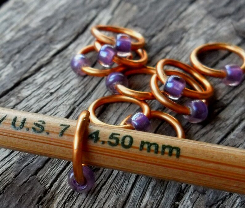 Dangle Free Knitting Stitch Markers Purple Rosaline Copper Wire Choose Ring Size and Quantity image 3