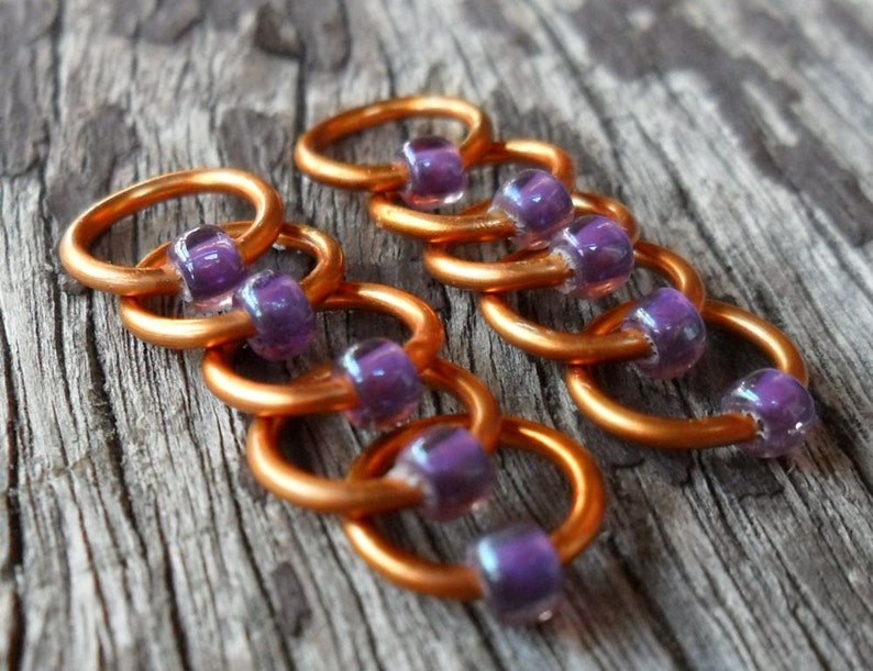 Dangle Free Knitting Stitch Markers Purple Rosaline Copper Wire Choose Ring Size and Quantity image 2