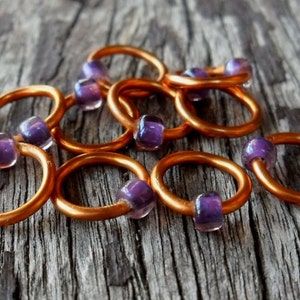 Dangle Free Knitting Stitch Markers Purple Rosaline Copper Wire Choose Ring Size and Quantity image 1
