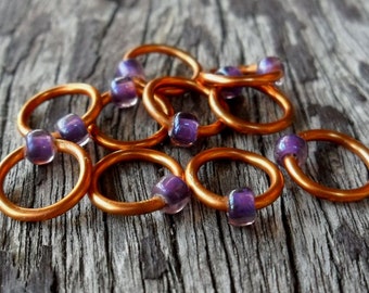 Dangle Free Knitting Stitch Markers Purple Rosaline Copper Wire Choose Ring Size and Quantity