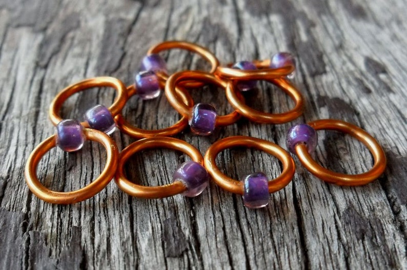 Dangle Free Knitting Stitch Markers Purple Rosaline Copper Wire Choose Ring Size and Quantity image 1