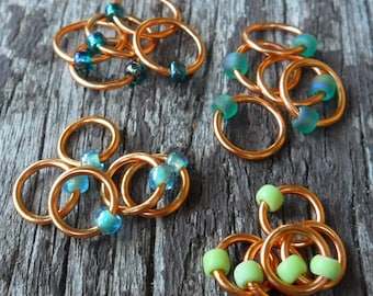 Dangle Free Knitting Stitch Markers Green Mix Copper Wire Four Different Sizes Twenty Markers
