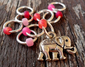 Small Snag Free Knitting Stitch Markers Silver Tone Elephant Charm Pink Red Fucshia Seed Beads Fits Needles Up To 4.5mm