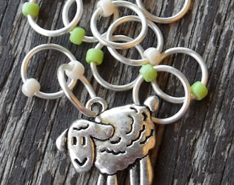 Medium Snag Free Knitting Stitch Markers Silver Tone Sheep Charm Cream Green Seed Beads Fits NeedleS Up To 5.5mm