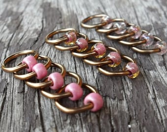 Choose Size Dangle Free Knitting Stitch Markers Antiqued Bronze Wire Pink Mix Seed Beads Set of 15 Snag Free