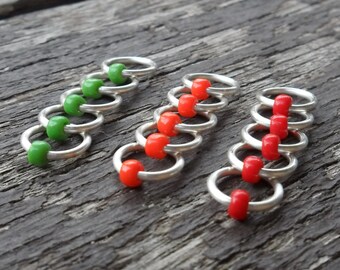 Choose Size Dangle Free Knitting Stitch Markers Silver Wire Traffic Lights Opaque or Translucent Seed Beads Set of 15 Snag Free