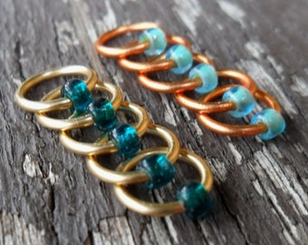 Dangle Free Knitting Stitch Markers Brass Copper Pale Green Teal Choose Ring Size, Quantity Knitting In The Round Option