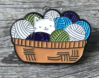 Cat in a Basket of Yarn Enamel Pin Badge Knitting Cat