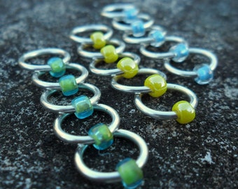 Choose Size Dangle Free Knitting Stitch Markers Silver Blue, Yellow Seed Beads Set of 15 Snag Free