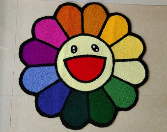 Alfombra sonriente Murakami arco iris con mechones / Alfombra de flores estética suave / Corredor de área para niños antideslizante