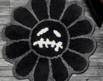 Alfombra Tufted Black T Scott x Murakami - Alfombra de flores sonriente antideslizante / Alfombra de área inspirada en el hip hop
