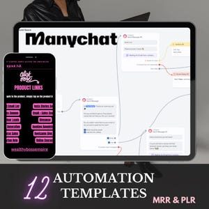May include: A computer screen displaying a flowchart with the text "Manychat" at the top. The flowchart shows 12 different automation templates for marketing. The text "12 Automation Templates" is displayed below the screen. The text "MRR & PLR" is displayed below the automation templates.