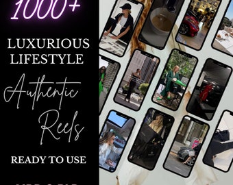 Könnte beinhalten: Eine Collage von Bildern, die einen luxuriösen Lebensstil zeigen. Die Bilder zeigen Menschen in stilvoller Kleidung, Luxusautos und hochwertige Produkte. Der Text "1000+ LUXURIOUS LIFESTYLE Authentic Reels READY TO USE MRR & PLR" wird auf einem schwarzen Hintergrund angezeigt.