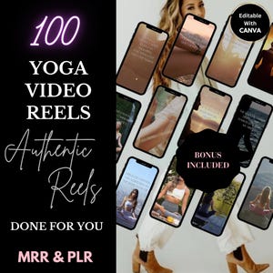 Pode incluir: Uma colagem de 100 rolos de vídeo de ioga com citações inspiradoras. Os rolos estão prontos para usar e podem ser usados para marketing ou uso pessoal. O texto "Editable with Canva" está no canto superior direito da imagem.