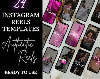 Könnte beinhalten: 24 Instagram-Reel-Vorlagen mit pinkfarbenen und schwarzen Textüberlagerungen auf verschiedenen Bildern. Der Text enthält Sätze wie "Feminine Energie", "Schönheitsgeheimnisse", "Sonntagsstimmung", "Tägliche Stimmung", "Volle Power", "Sommer 2023", "Finde deinen Stil" und "OOTD".