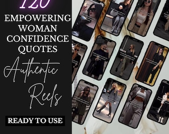 Könnte beinhalten: Werbebild mit einer Frau, umgeben von Smartphones, die inspirierende Zitate zeigen. Der Text lautet "120 Empowering Woman Confidence Quotes", "Authentic Reels" und "Ready to Use". Das Bild hat ein Schwarz-Weiß-Farbschema mit einem Hauch von Rosa.