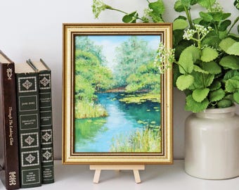 Small Framed Original Oil Painting - Impressionist Landscape, Summer Pond, Peaceful Nature Artwork