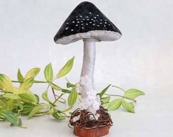 Charcoal Gray Velvet Mushroom Sculpture – Handmade Toadstool Decor for Cottagecore - Woodland Shelf Accent Gift