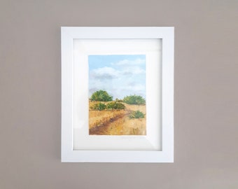 Oil Painting on Paper - Framed Original Art - Summer Field and Sky Landscape Painting