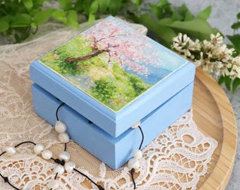 Pink Cherry Blossom Trinket Box, Hand Painted Small Wooden Keepsake Box