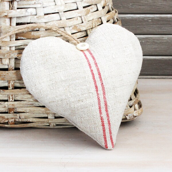 Vintage Hemp Lavender Sachet, Red Striped Heart, French Country