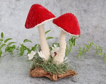 Red Velvet Mushroom - Mushroom Textile Sculpture - Decorative Textile Fairy Toadstools - Pair of Red Mushrooms on Driftwood