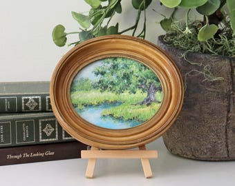 Tiny Framed Oval Painting - Impressionist Landscape of Tree