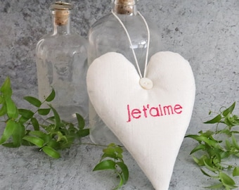 Embroidered Heart Lavender Sachet - French Lavender - Antique French Linen - French Farmhouse Decor - Je t'aime Love Gift