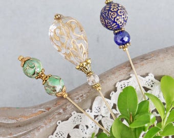 Beaded Gold Hat Pin - Vintage-Inspired Accessory with Cloisonne or Crystal