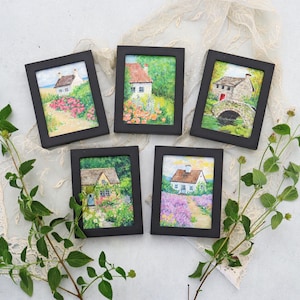 Mini Oil Painting: Little Cottages, Original Framed Art