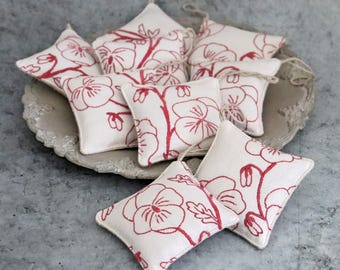 Lavender Sachets - Small Redwork Pansies - Embroidered Vintage Linen, Set of 3