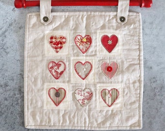 Heart Art Quilt - Hanging Art Quilt - Appliqued Hearts Wall Art - Red and White Banner - French Country Textiles