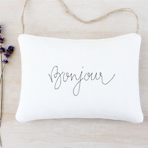 Bonjour/Bonne Nuit Lavender Sachet, Whimsical Stitched Handwriting, Nursery Decor