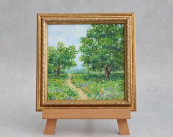 Original Oil Painting - Small Framed Landscape 7x7 - Flowering Meadow Art - Impressionist Landscape