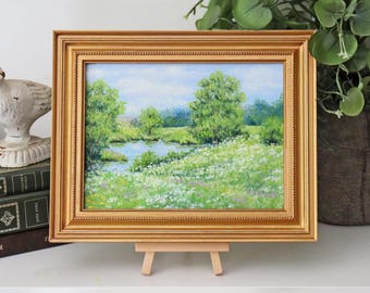 Original 6x8 Framed Oil Painting, Meadow Landscape, Small Impressionist Wall Art, Cottage Decor