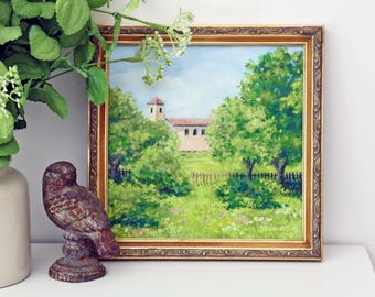 Small Original Oil Painting - Church/Abbey Landscape, 8x8 Framed Art