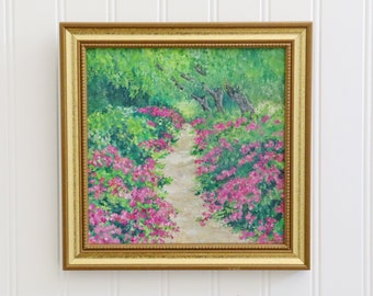 Bougainvillea Impressionist Art - Original Oil Painting - Small Framed Landscape 8x8 - Pink Flower Painting