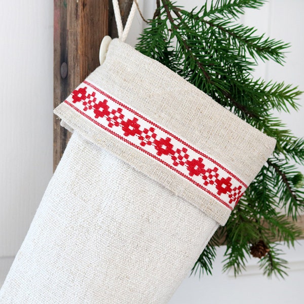 Christmas Stocking, Grain Sack Stocking, Red and White Rustic Christmas Decorations