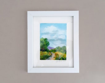 Oil Painting on Paper - Original Framed Art - Nature's Garden Art - Flowers Path and Sky Painting