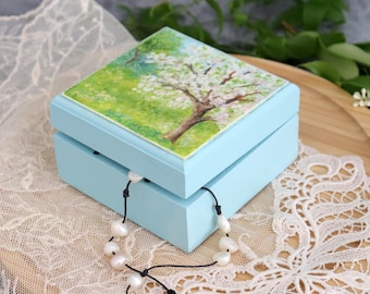Apple Blossom Keepsake Box, Hand Painted Small Wooden Trinket Box