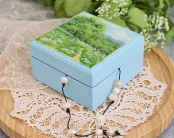 Handpainted Keepsake Box, Impressionist Meadow Landscape Art