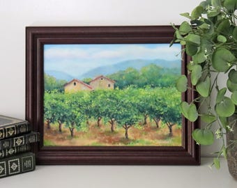 Original 9x12 Framed Oil Painting - Impressionist Vineyard Landscape, Wine Country Art, Countryside Decor