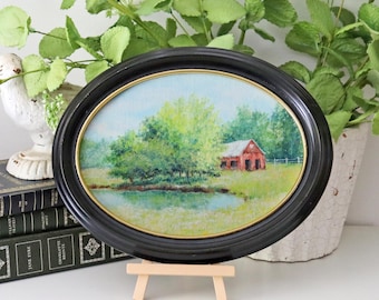 Red Barn Art - Framed Oval Oil Painting - Impressionist Landscape