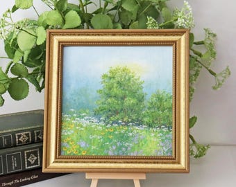 Small Framed Oil Painting - Impressionist Landscape of Misty Meadow