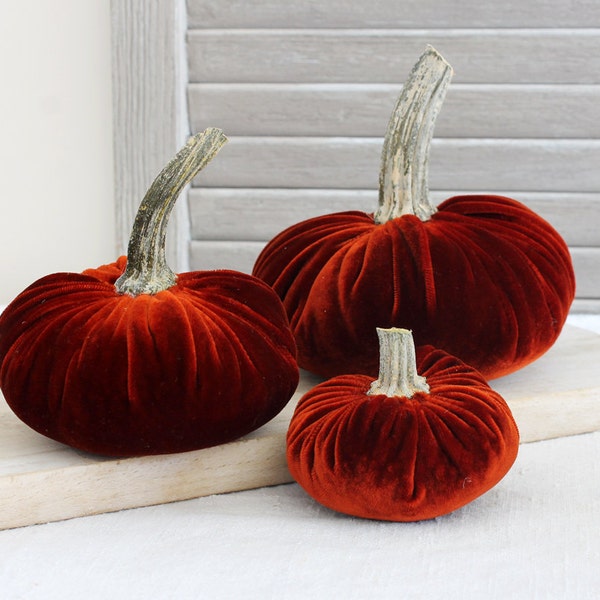 Deep Orange Velvet Pumpkins, Harvest Table, Autumn Decor