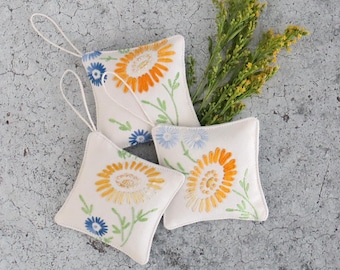 Petite Lavender Sachets - Vintage Hand Embroidery, Set of Three