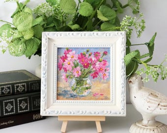 Tiny Oil Painting – Framed Floral Canvas Art of Pink Cosmos