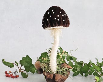 Velvet Mushroom Textile Sculpture - Whimsical Brown Toadstool with Driftwood Base