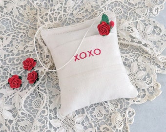 Embroidered Lavender Sachet - White French Linen Sachet - Embroidered XOXO - Pocket for Love Note - Love Gift Sachet